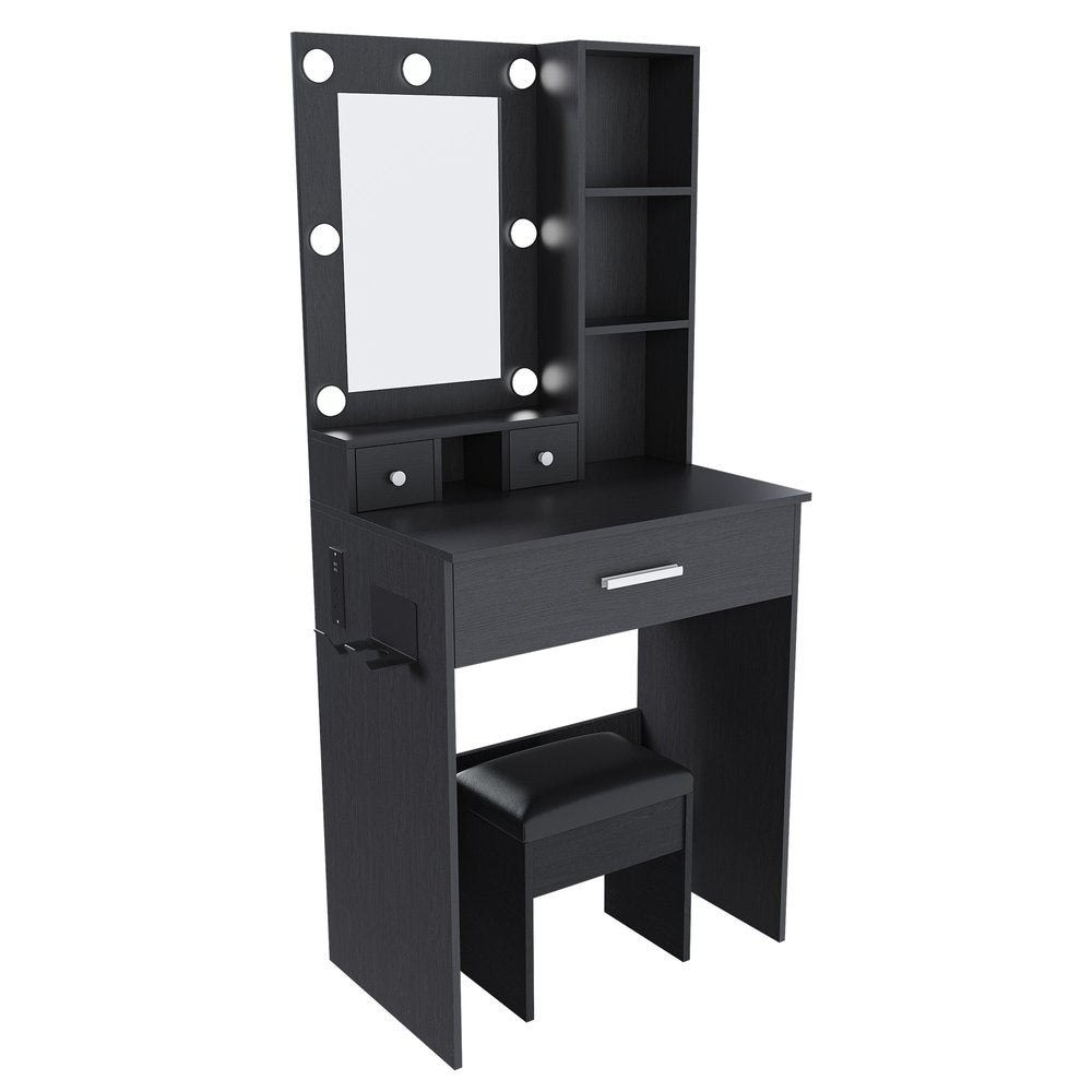 24" Black Wood Mirrored Three Drawer Vanity Table And Lights HomeRoots
