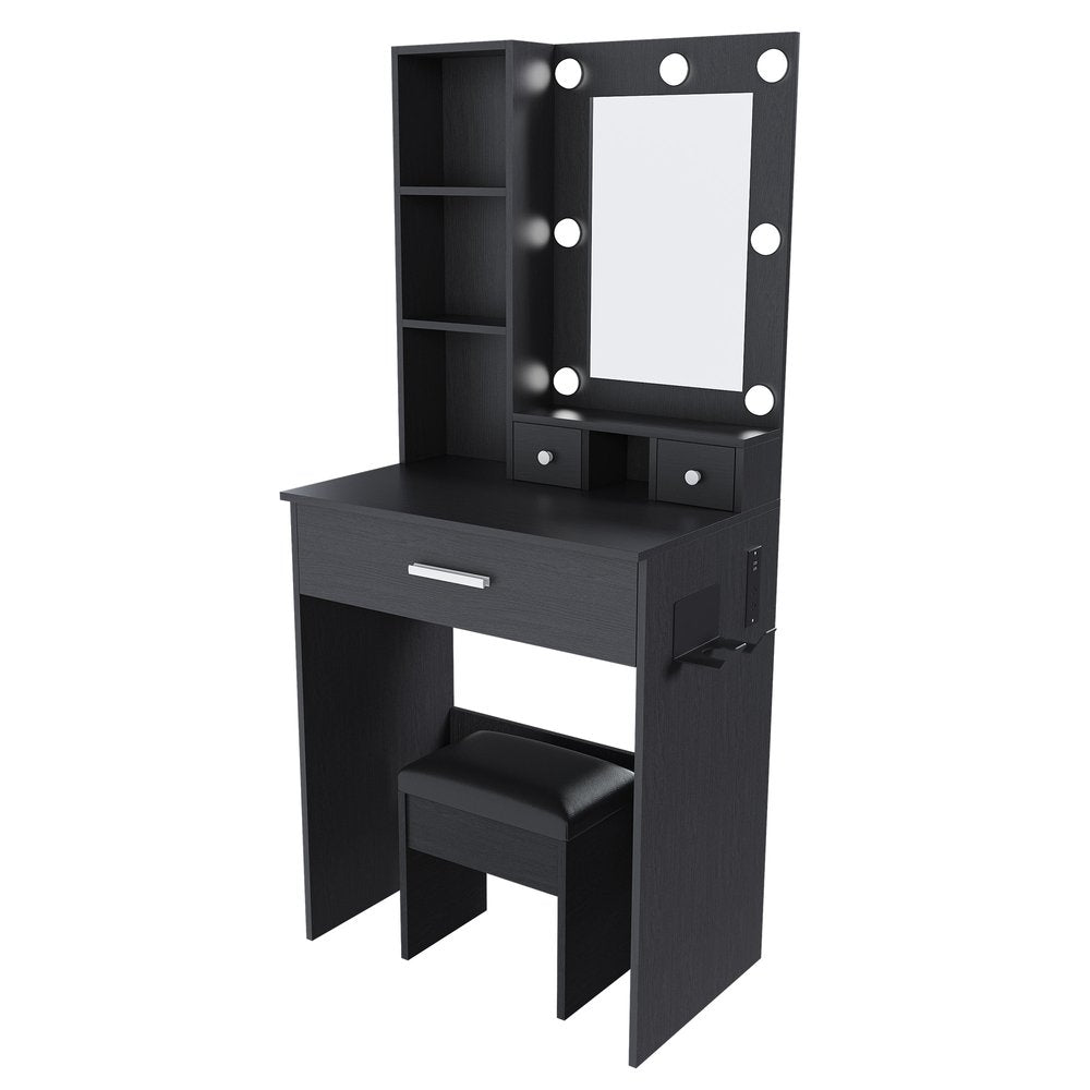 24" Black Wood Mirrored Three Drawer Vanity Table And Lights — view 3