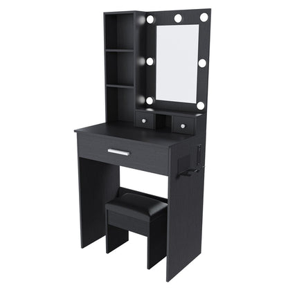 24" Black Wood Mirrored Three Drawer Vanity Table And Lights HomeRoots
