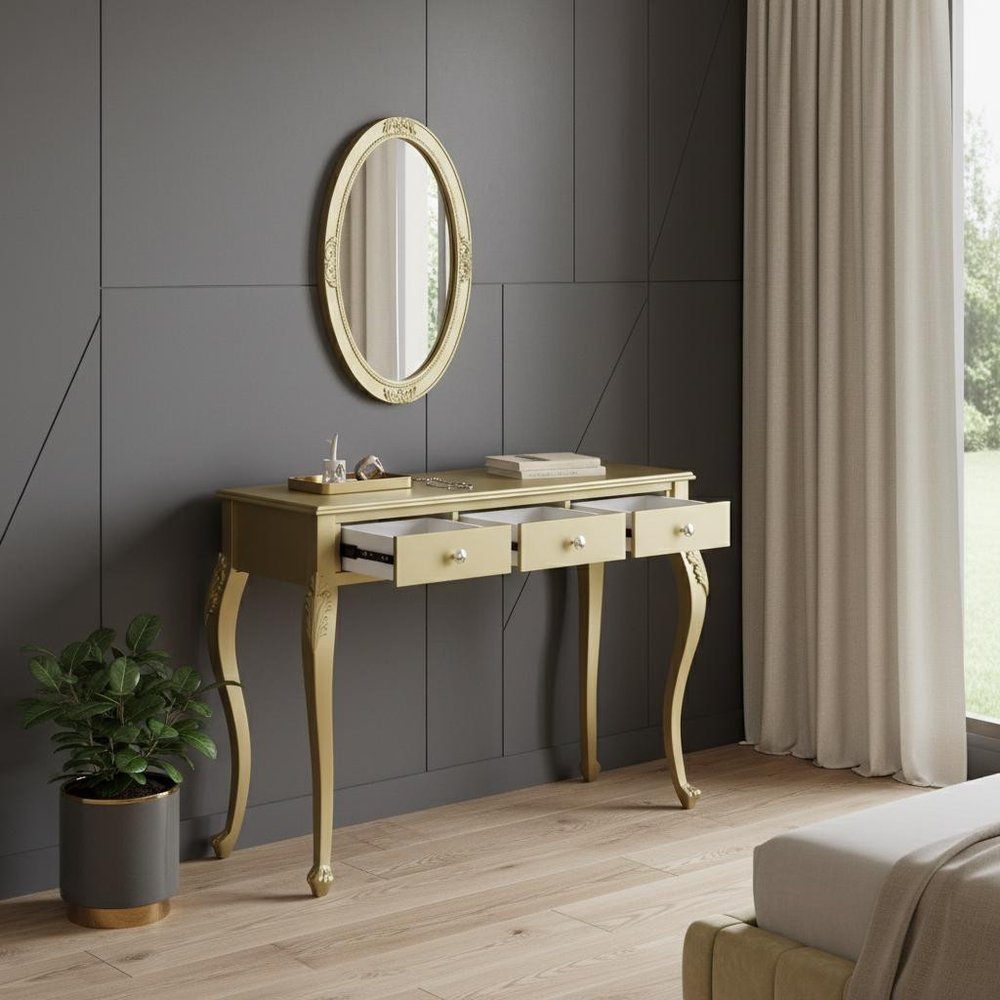 39" Brown Wood Mirrored Three Drawer Vanity Table — view 9