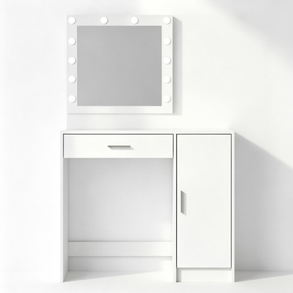 35" White Wood Mirrored Vanity Table And Lights — view 1