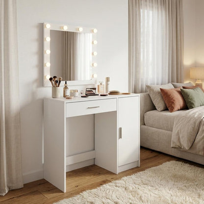35" White Wood Mirrored Vanity Table And Lights HomeRoots