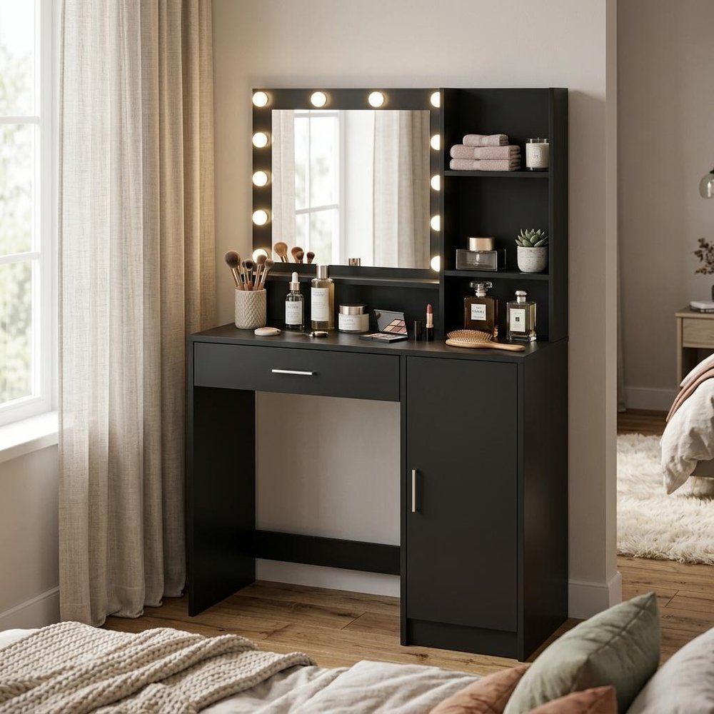 35" Black Wood Mirrored Vanity Table And Lights HomeRoots