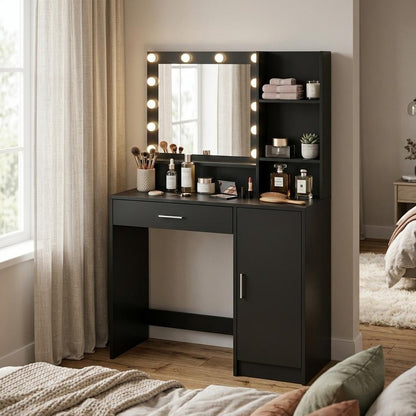 35" Black Wood Mirrored Vanity Table And Lights HomeRoots