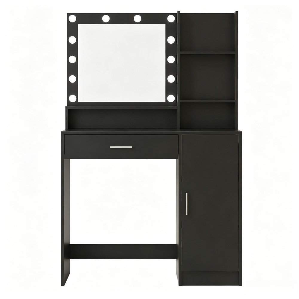 35" Black Wood Mirrored Vanity Table And Lights HomeRoots