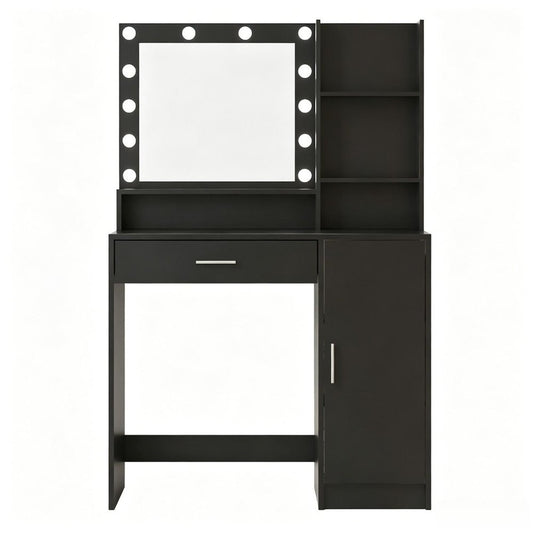 35" Black Wood Mirrored Vanity Table And Lights