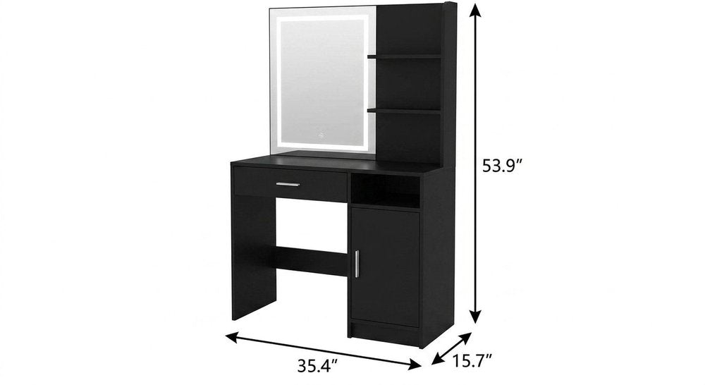 35" Black Wood Mirrored Vanity Table And Lights HomeRoots