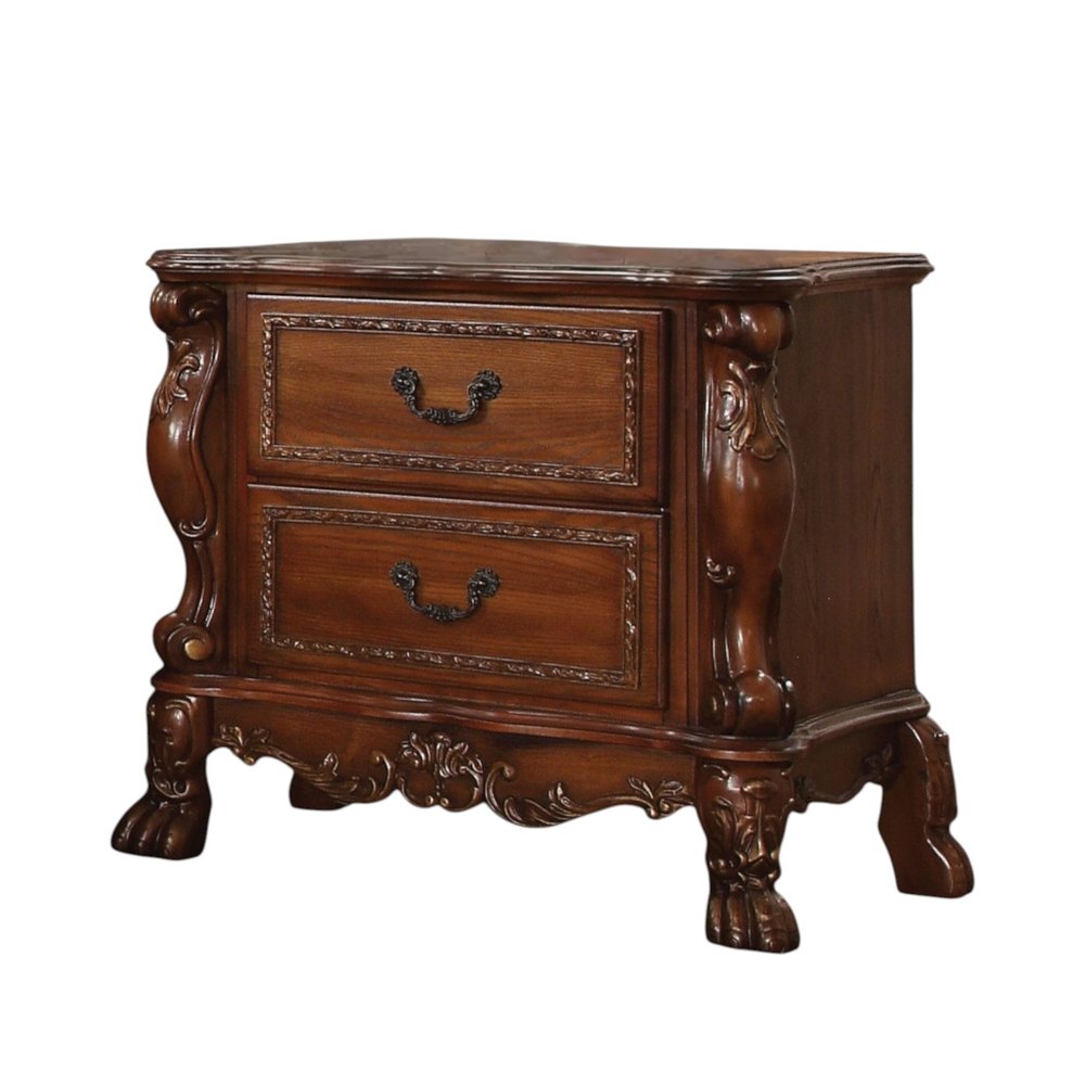31" Brown Solid Wood Carved Scrollwork Two Drawer Nightstand — view 1