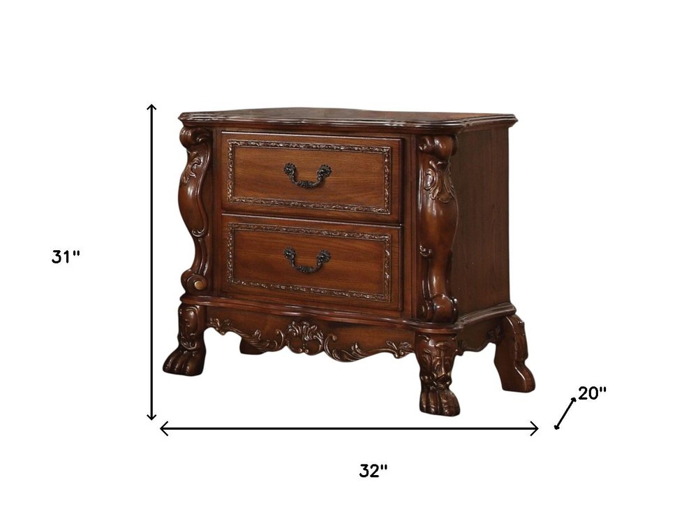 31" Brown Solid Wood Carved Scrollwork Two Drawer Nightstand — view 2