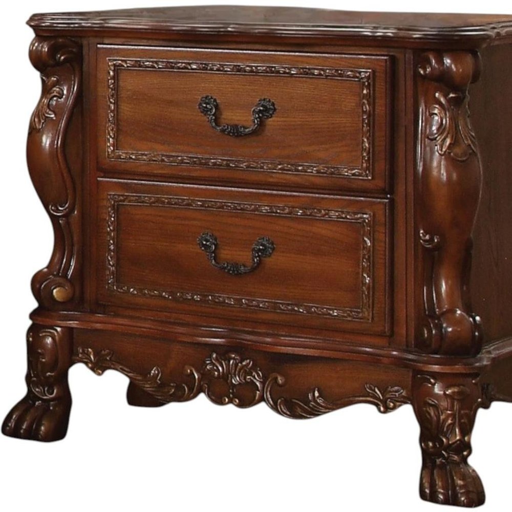 31" Brown Solid Wood Carved Scrollwork Two Drawer Nightstand HomeRoots