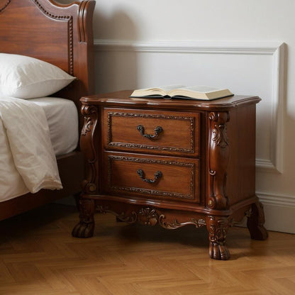 31" Brown Solid Wood Carved Scrollwork Two Drawer Nightstand HomeRoots