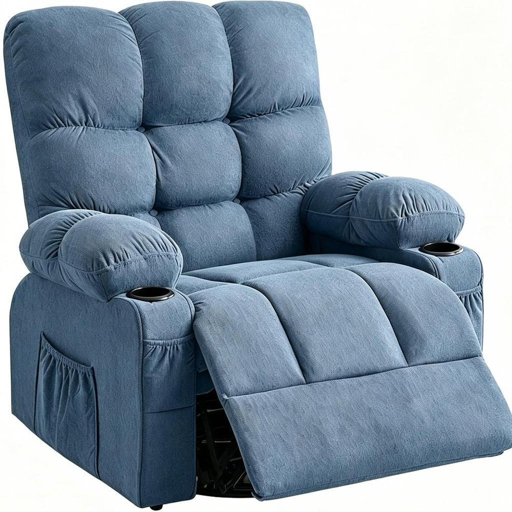 39" Blue Tufted Chenille Heated Massage Manual Rocker And Swivel Recliner With USB HomeRoots