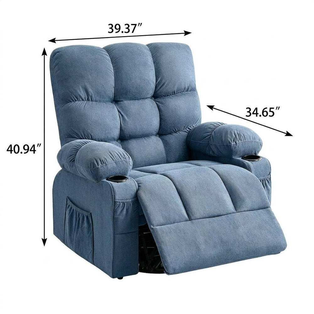 39" Blue Tufted Chenille Heated Massage Manual Rocker And Swivel Recliner With USB HomeRoots