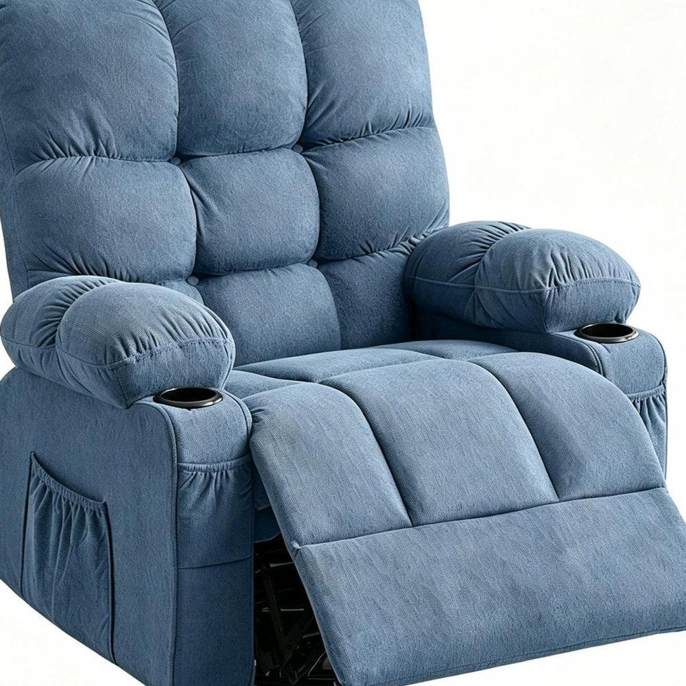 39" Blue Tufted Chenille Heated Massage Manual Rocker And Swivel Recliner With USB HomeRoots
