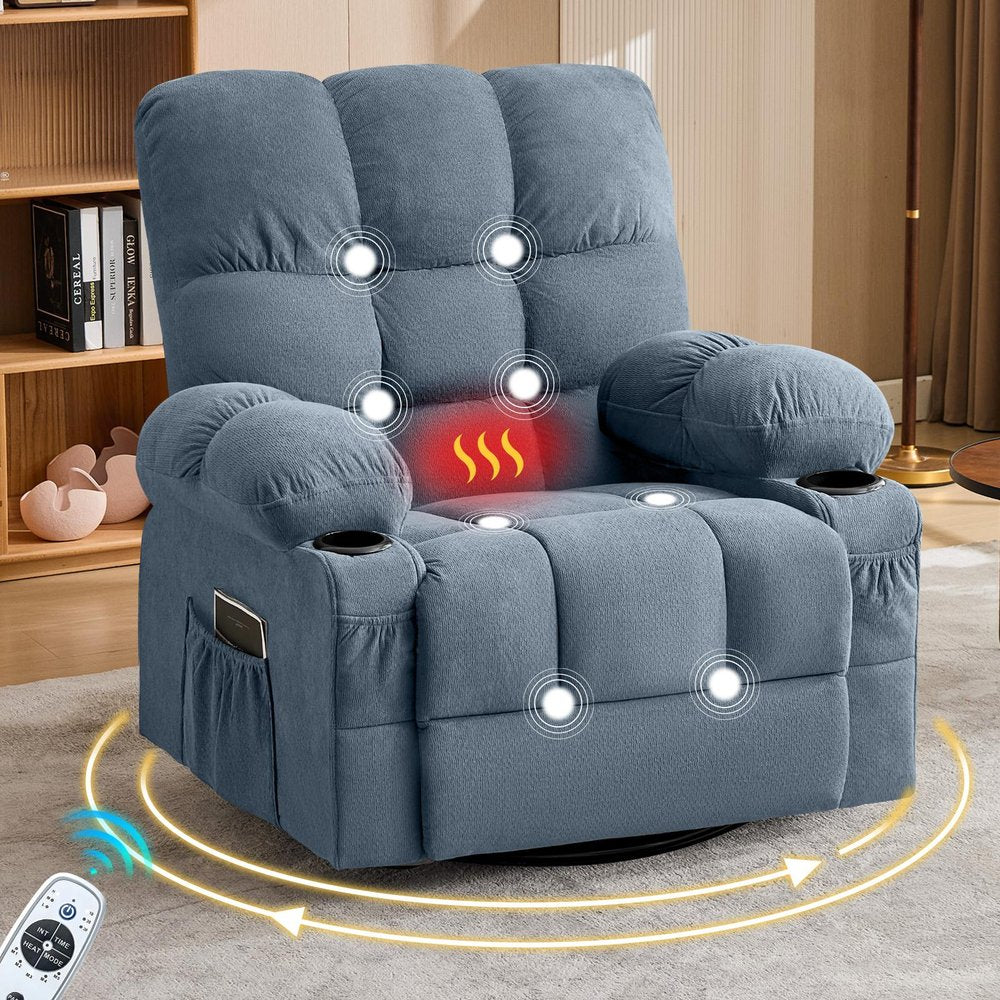 39" Blue Tufted Chenille Heated Massage Manual Rocker And Swivel Recliner With USB HomeRoots