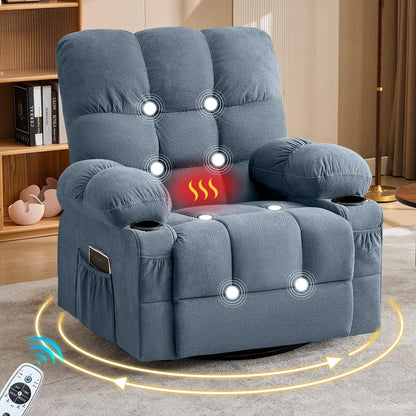 39" Blue Tufted Chenille Heated Massage Manual Rocker And Swivel Recliner With USB HomeRoots