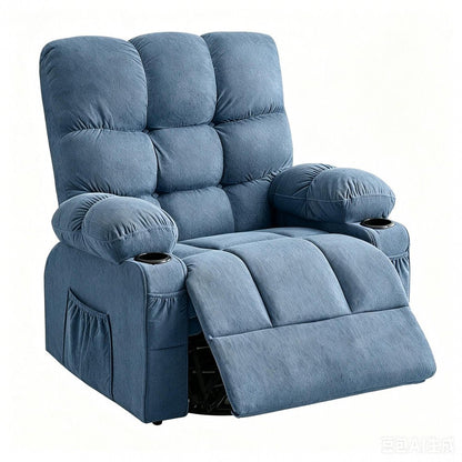 39" Blue Tufted Chenille Heated Massage Manual Rocker And Swivel Recliner With USB HomeRoots
