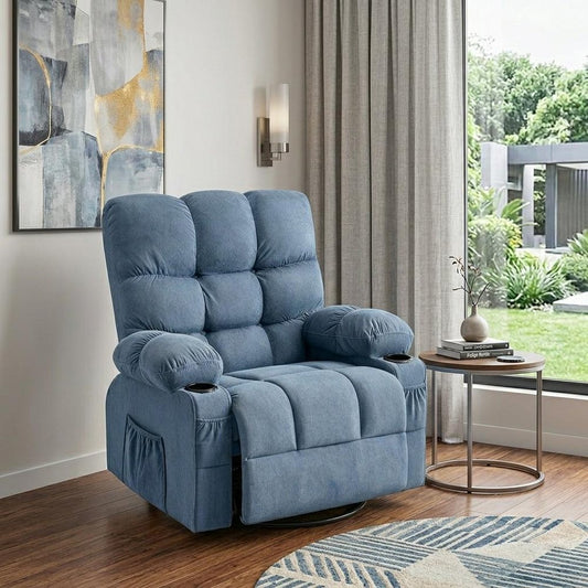 39" Blue Tufted Chenille Heated Massage Manual Rocker And Swivel Recliner With USB HomeRoots