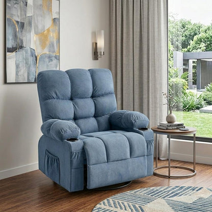 39" Blue Tufted Chenille Heated Massage Manual Rocker And Swivel Recliner With USB HomeRoots