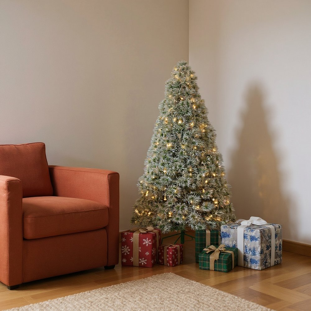 4.5' White Pre Lit Full Flocked Spruce Christmas Tree HomeRoots