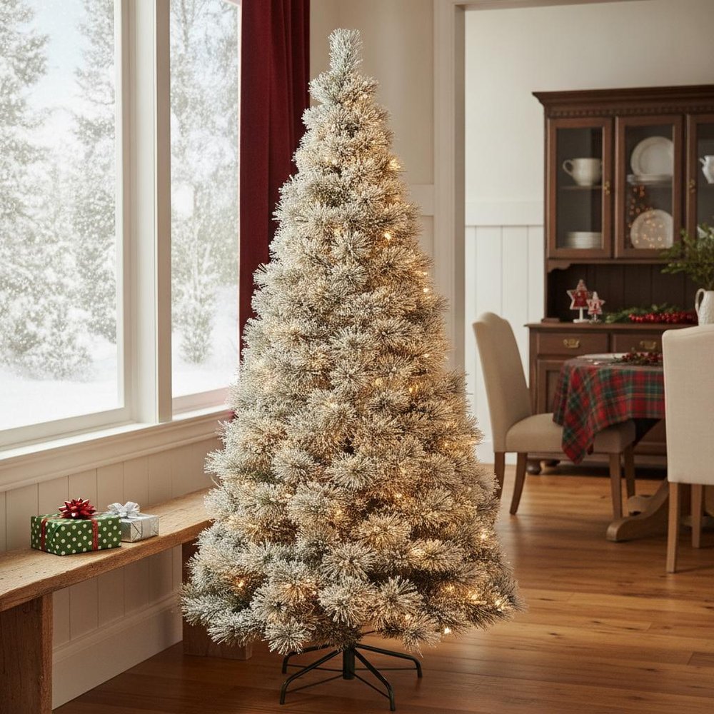 6' White Pre Lit Full Flocked Spruce Christmas Tree HomeRoots