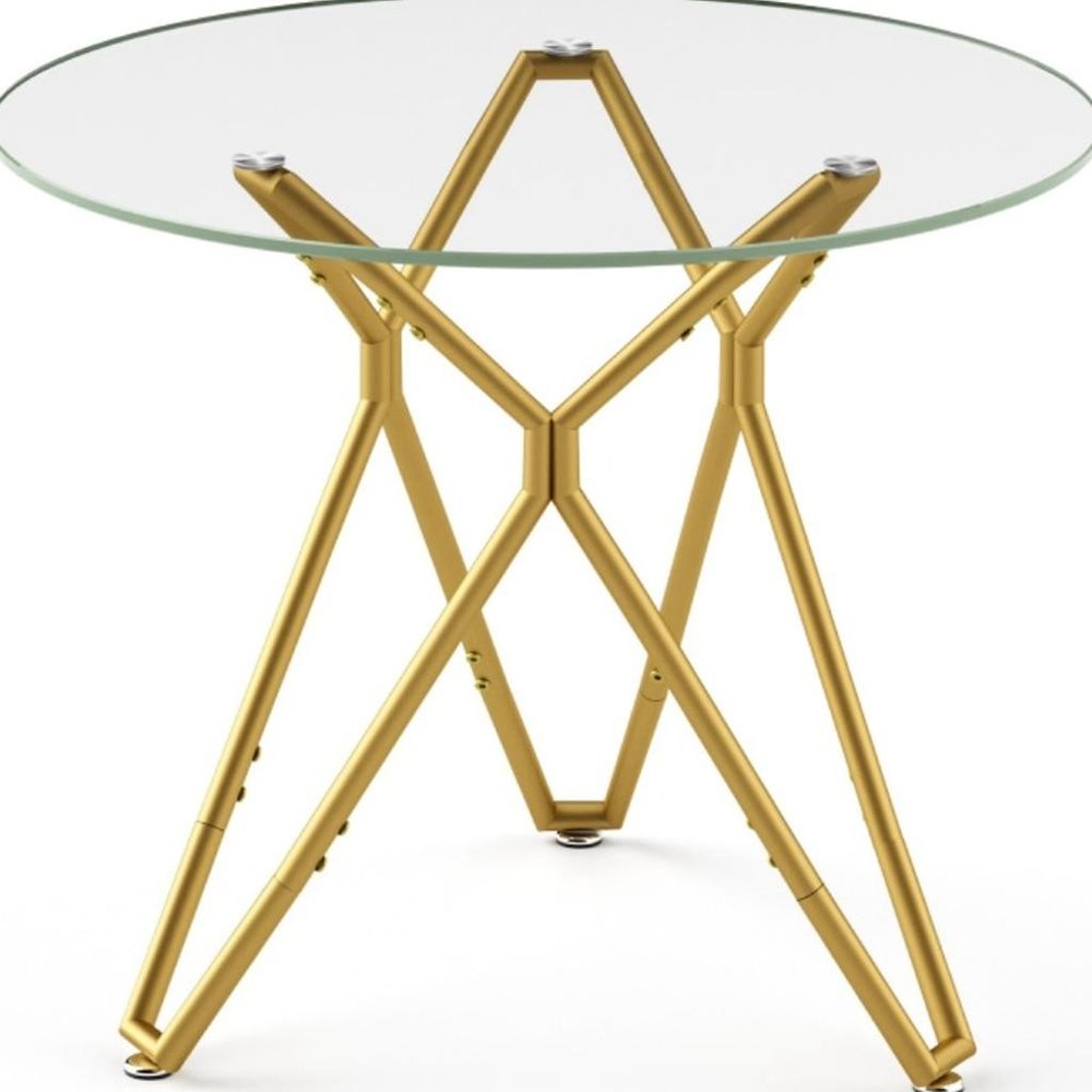 35" White and Gold Glass and Steel Round Trestle Coffee Table — view 4