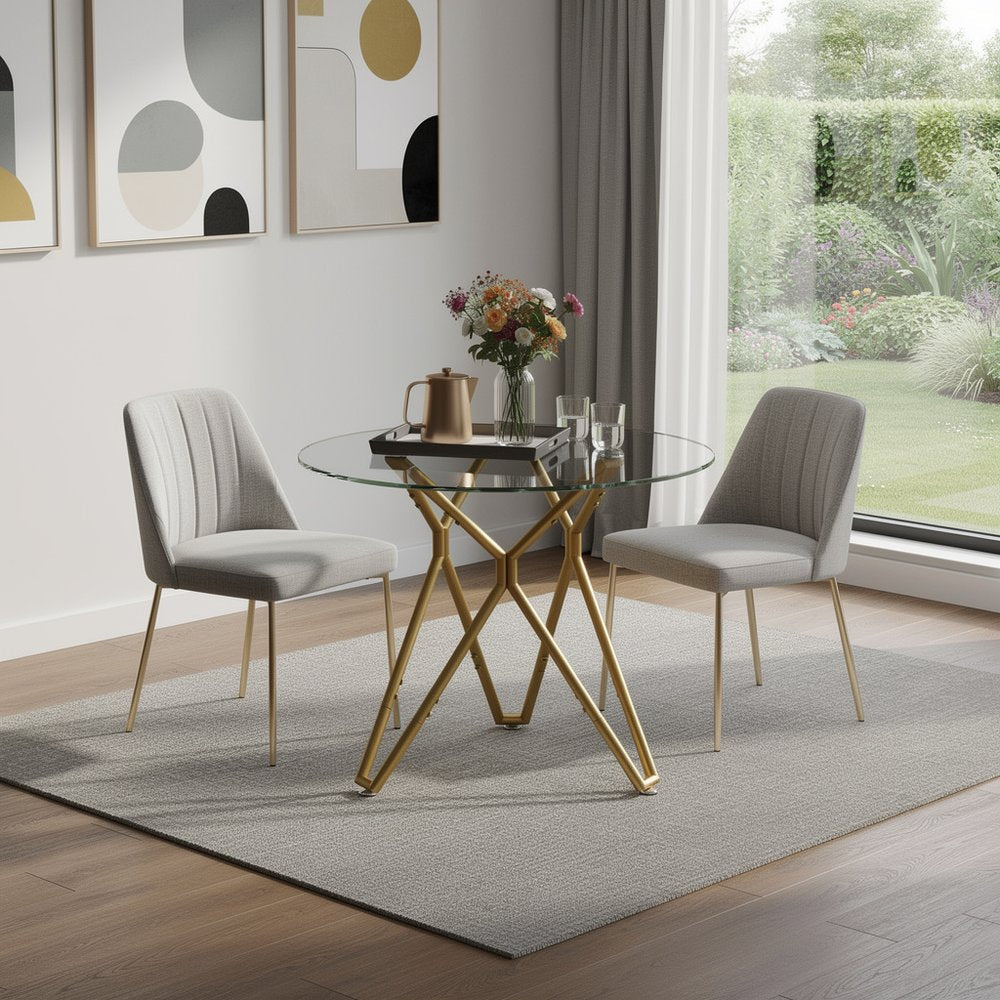 35" White and Gold Glass and Steel Round Trestle Coffee Table — view 6