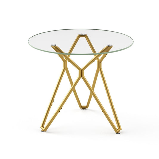 35" White and Gold Glass and Steel Round Trestle Coffee Table