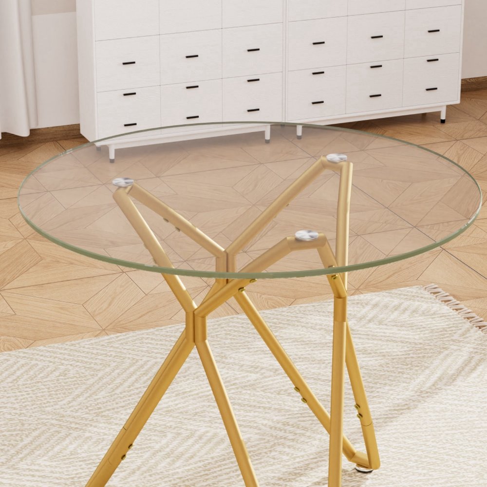 35" White and Gold Glass and Steel Round Trestle Coffee Table — view 2