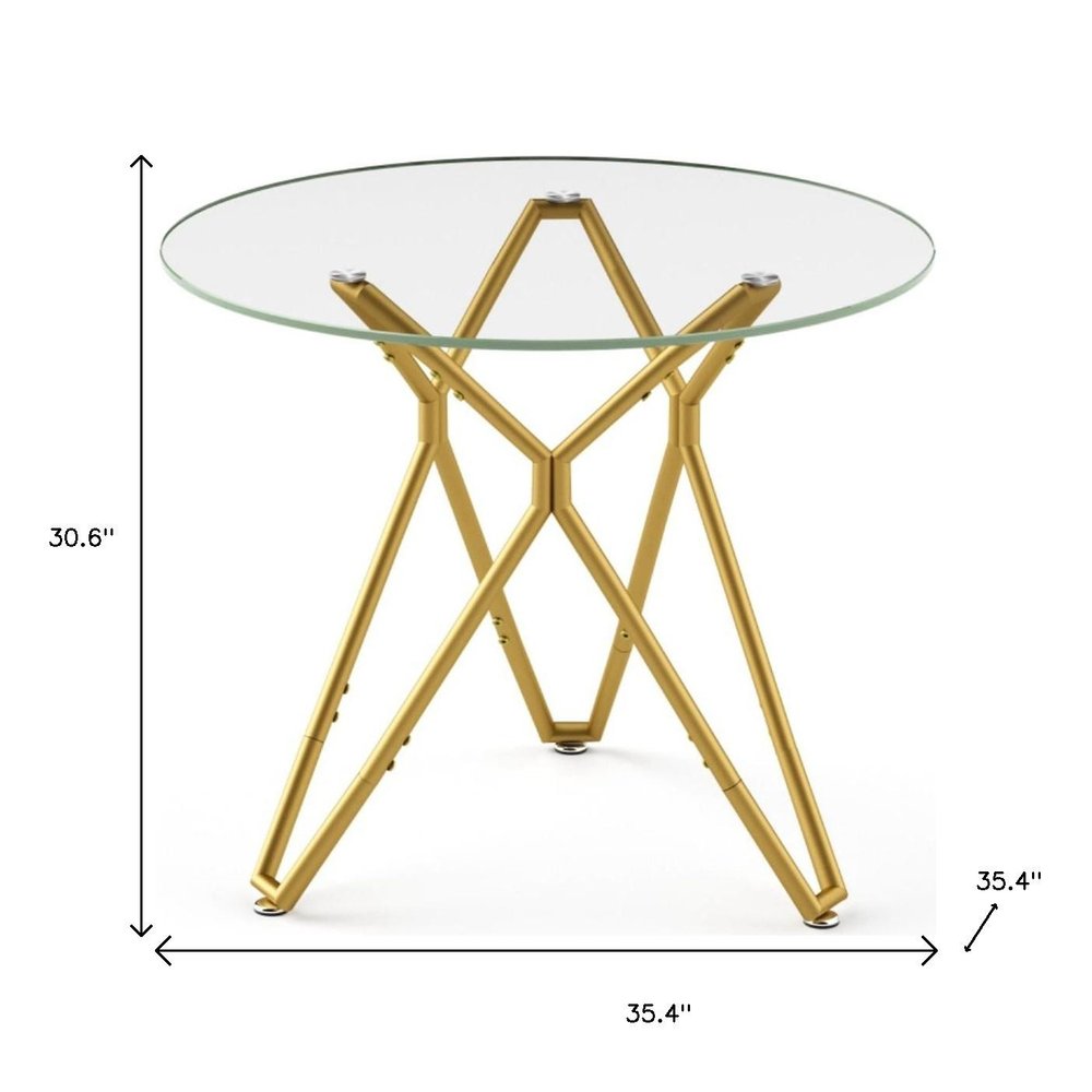 35" White and Gold Glass and Steel Round Trestle Coffee Table — view 5