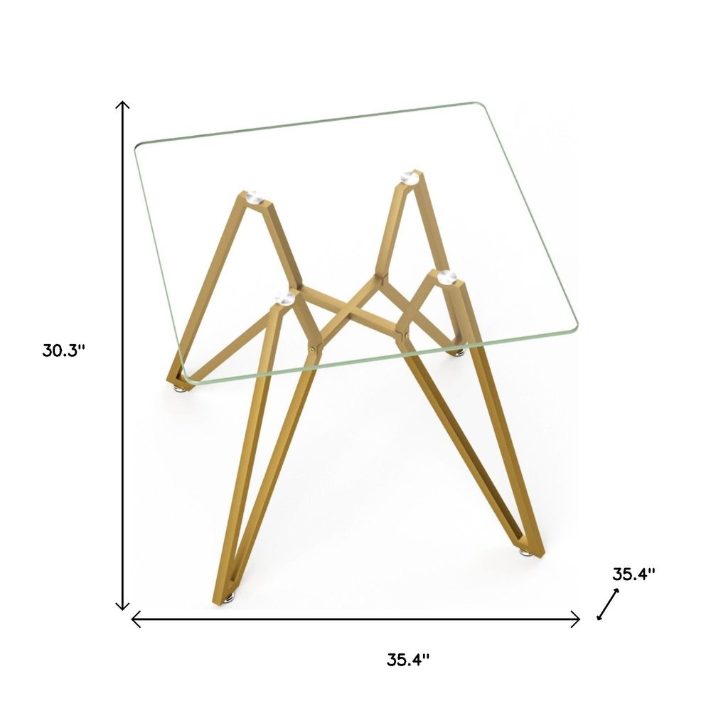 35" Clear and Gold Glass and Steel Square Dining Table HomeRoots