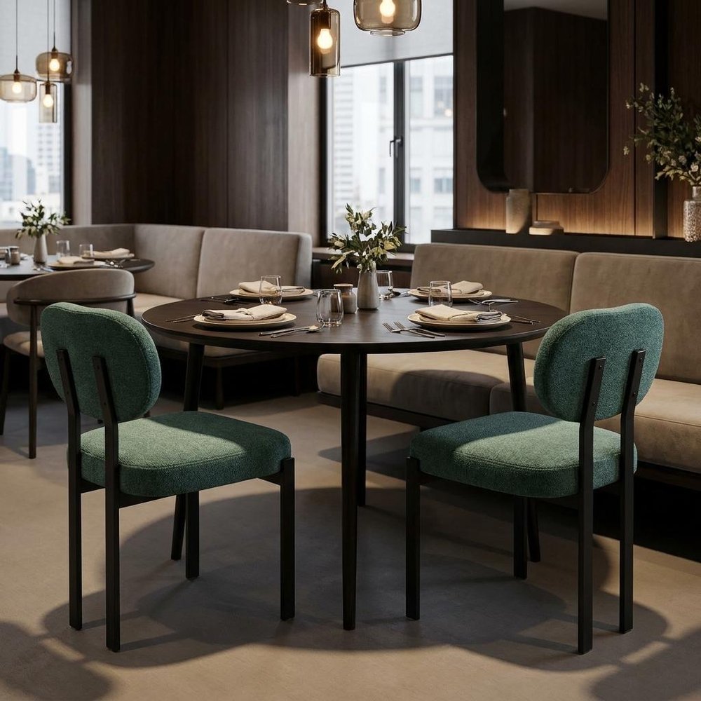 Set of Two Green and Black Chenille And Metal Partially Open Back Dining Side Chairs HomeRoots