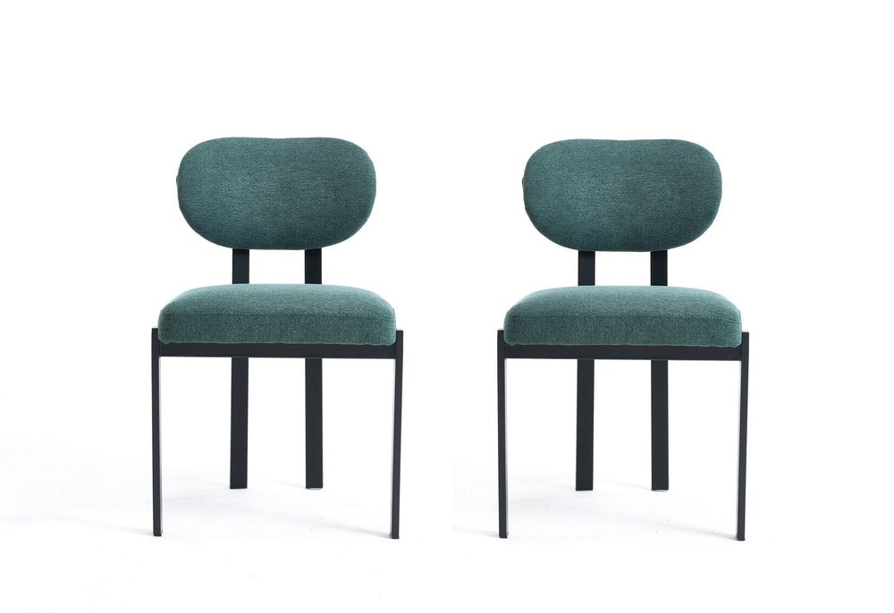 Set of Two Green and Black Chenille And Metal Partially Open Back Dining Side Chairs HomeRoots