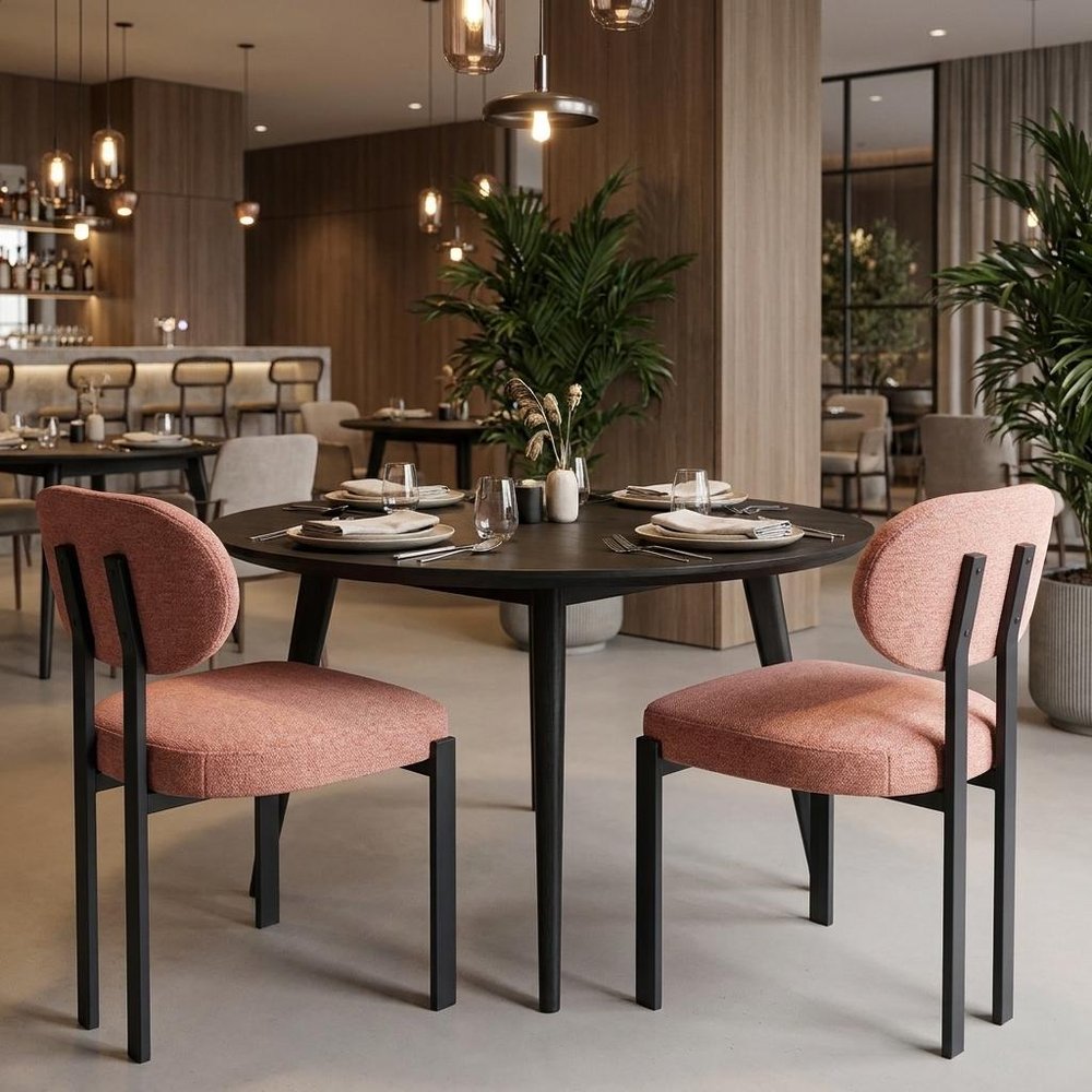 Set of Two Salmon and Black Chenille And Metal Partially Open Back Dining Side Chairs — view 11