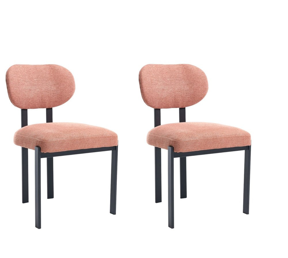 Set of Two Salmon and Black Chenille And Metal Partially Open Back Dining Side Chairs HomeRoots