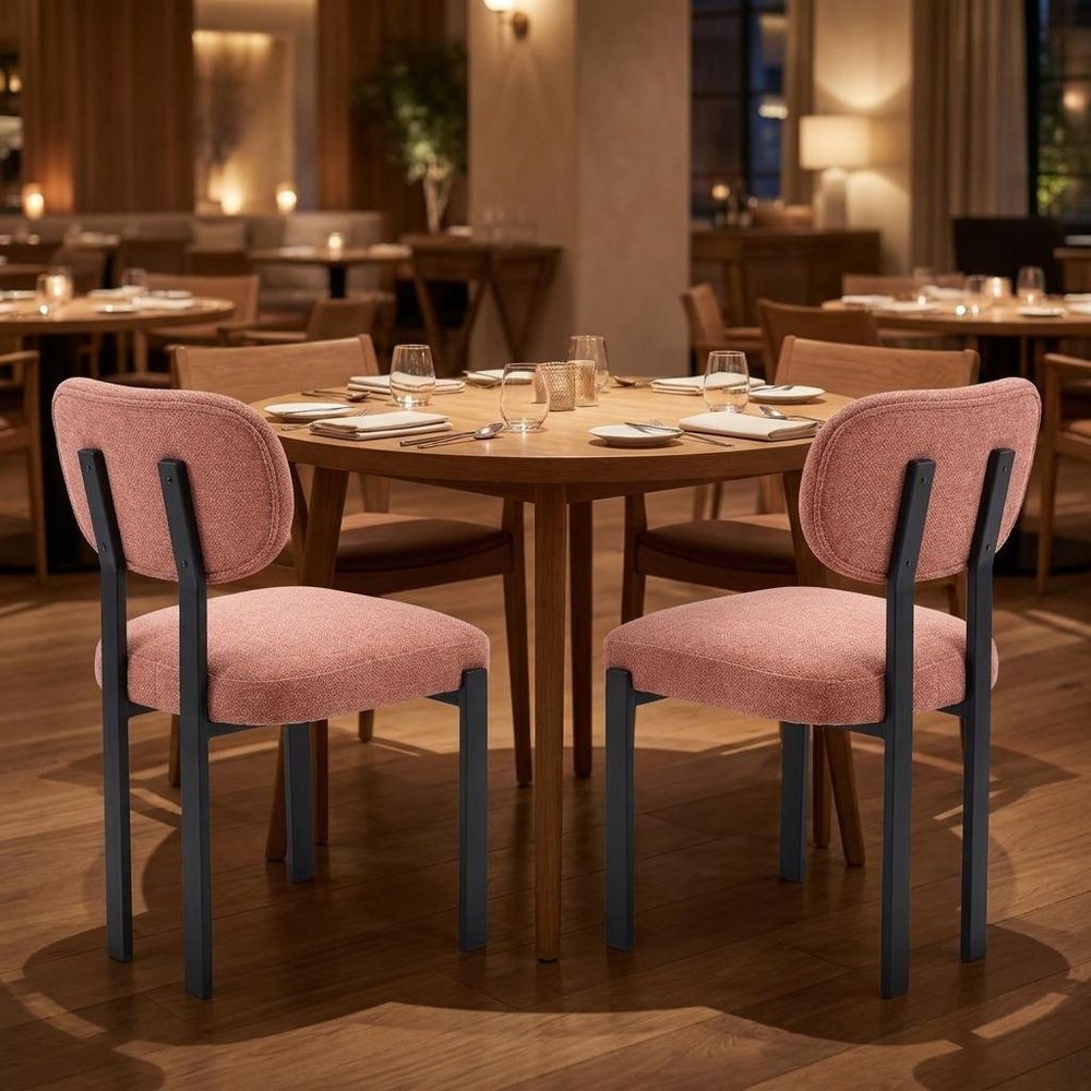 Set of Two Salmon and Black Chenille And Metal Partially Open Back Dining Side Chairs HomeRoots