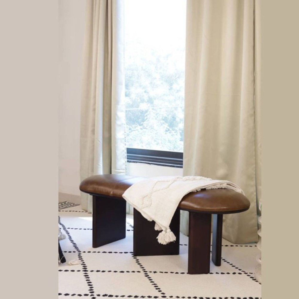 48" Brown Genuine Leather and Solid Wood Upholstered Bench HomeRoots