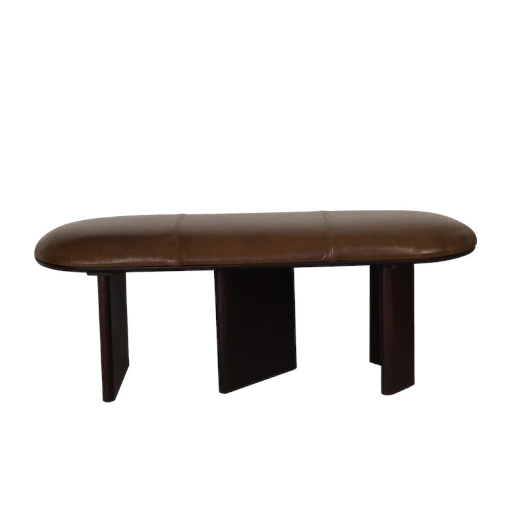 48" Brown Genuine Leather and Solid Wood Upholstered Bench HomeRoots