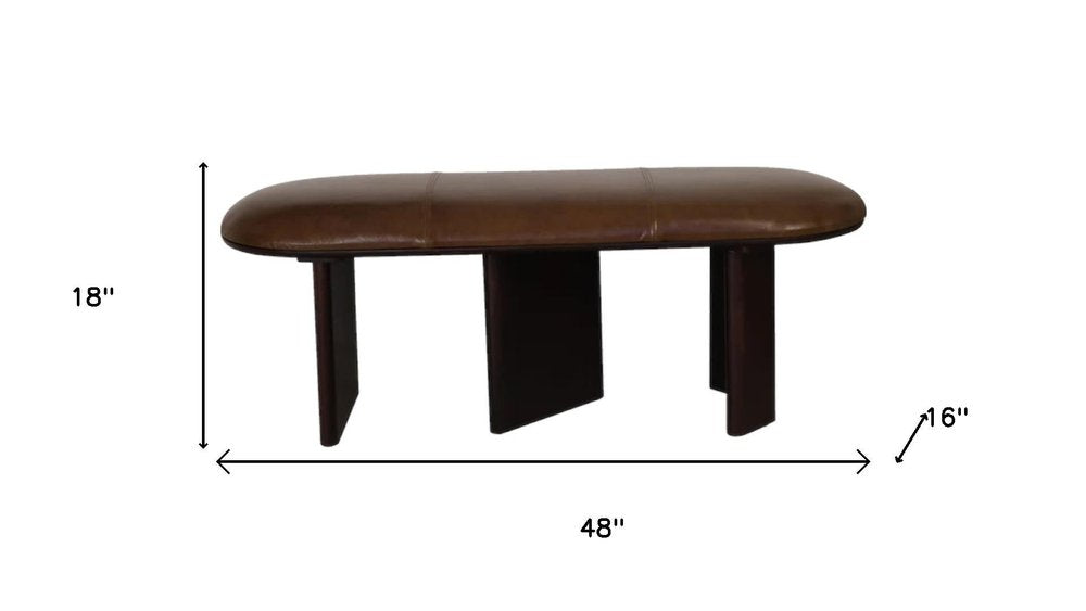 48" Brown Genuine Leather and Solid Wood Upholstered Bench HomeRoots
