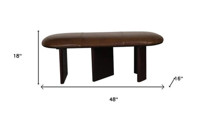 48" Brown Genuine Leather and Solid Wood Upholstered Bench HomeRoots