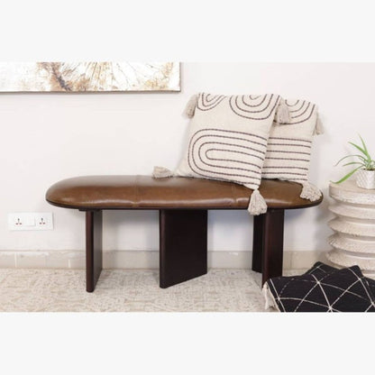 48" Brown Genuine Leather and Solid Wood Upholstered Bench HomeRoots