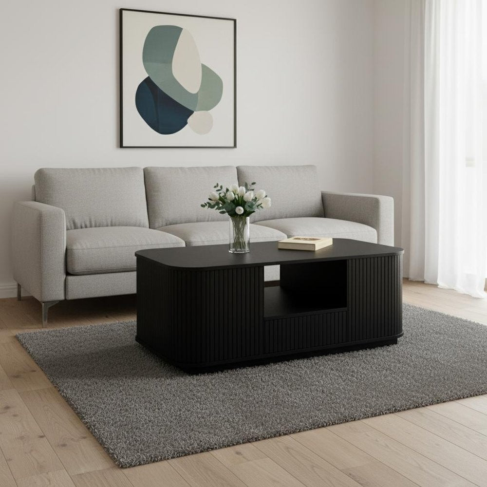 47" Black Wood Oval Block Coffee Table With Storage HomeRoots
