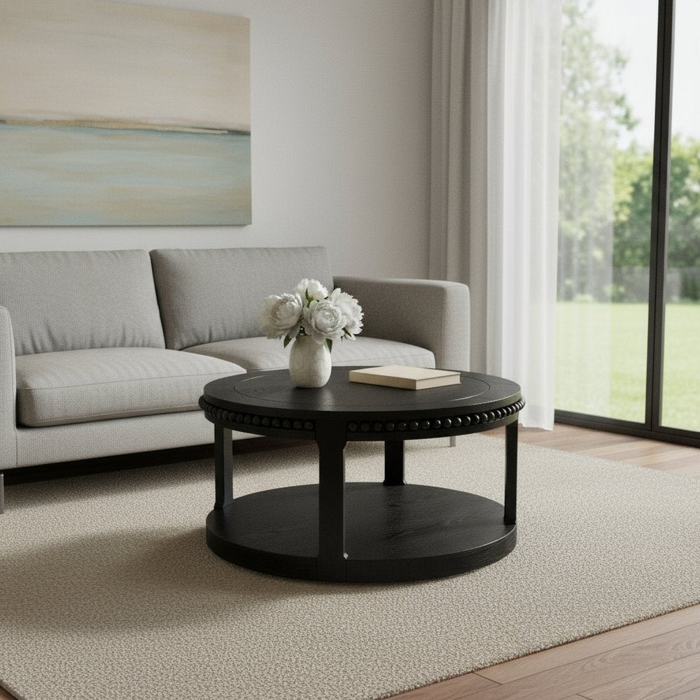 32" Black Wood Floor Shelf Beaded Round Coffee Table HomeRoots