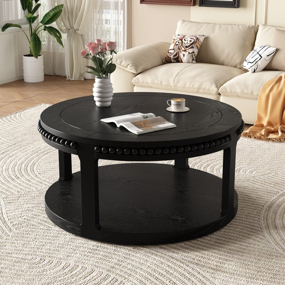 32" Black Wood Floor Shelf Beaded Round Coffee Table HomeRoots