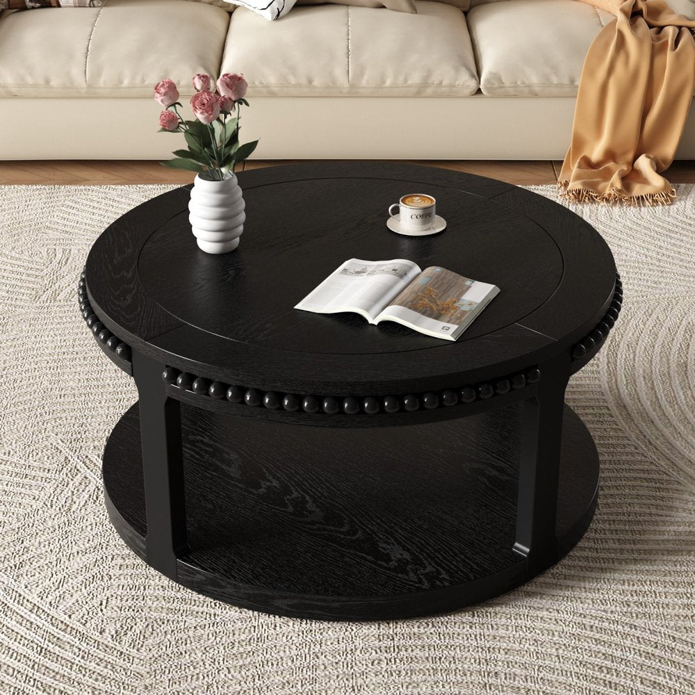 32" Black Wood Floor Shelf Beaded Round Coffee Table HomeRoots