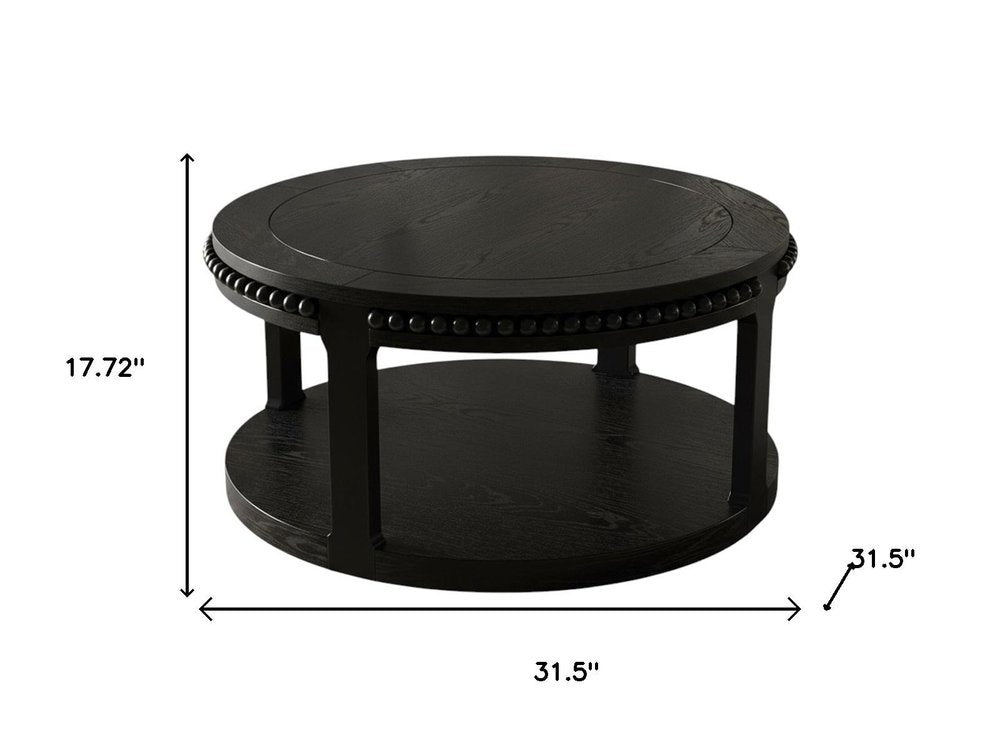 32" Black Wood Floor Shelf Beaded Round Coffee Table HomeRoots