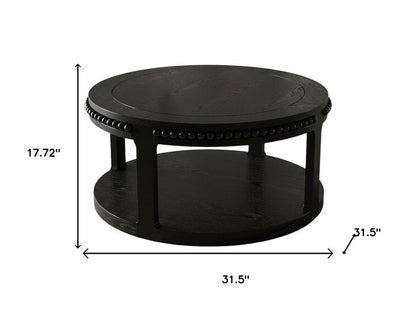 32" Black Wood Floor Shelf Beaded Round Coffee Table HomeRoots