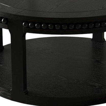 32" Black Wood Floor Shelf Beaded Round Coffee Table