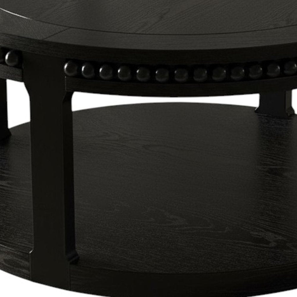 32" Black Wood Floor Shelf Beaded Round Coffee Table HomeRoots