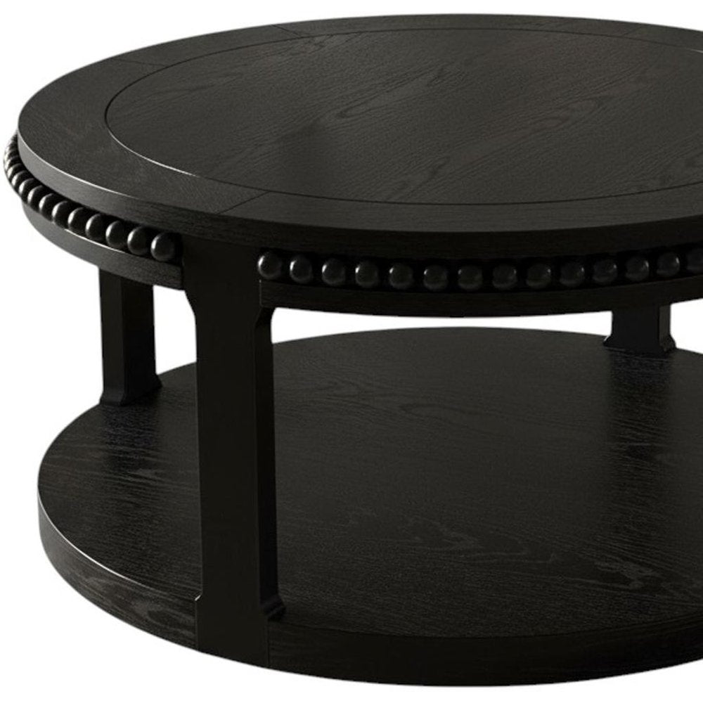32" Black Wood Floor Shelf Beaded Round Coffee Table HomeRoots